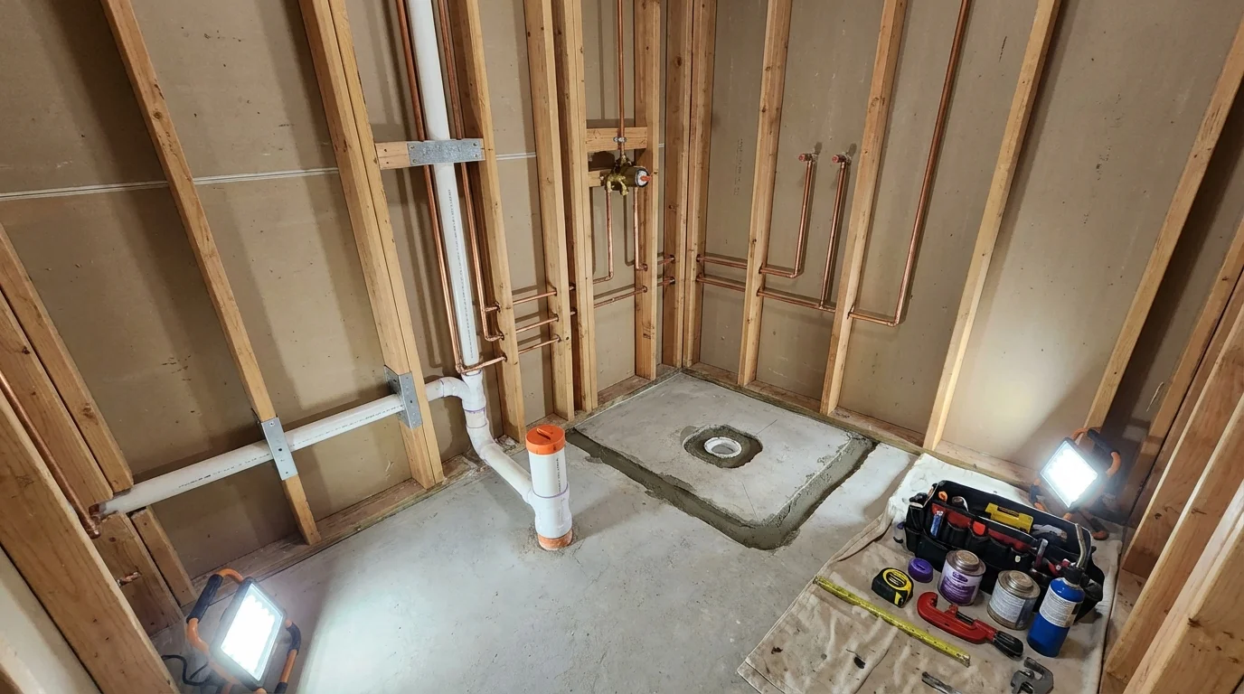 Bathroom rough-in plumbing during remodel by Johns Plumbing LLC in Hastings