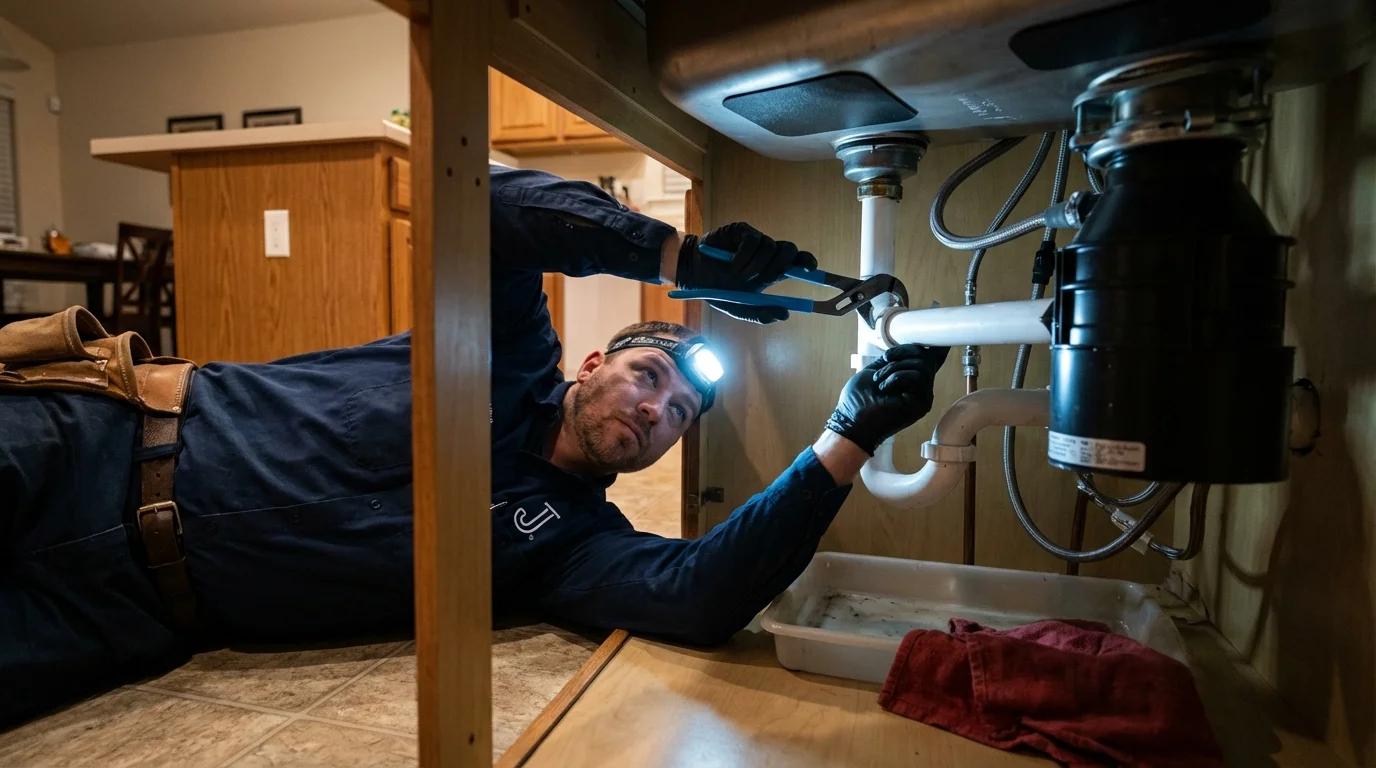 P-trap and supply line connections under a kitchen sink showing a common leak point in Hastings, NE